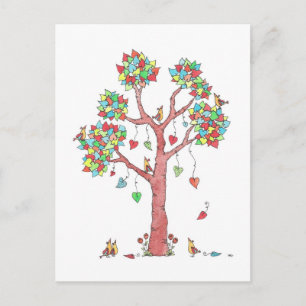 Sweet Colourful Heart Leaves and Birds Design Postcard