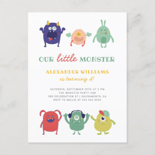 Sweet Colourful Little Monster Kid's Birthday Invitation Postcard