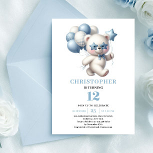 Sweet cool teddy bear balloons dusty blue birthday invitation