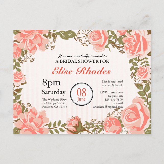 Sweet Coral roses garden bridal shower Invitation Postcard (Front)
