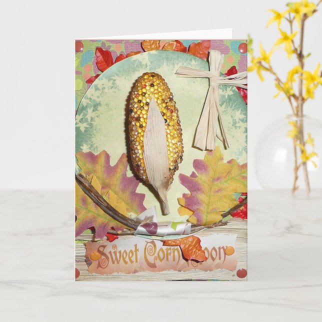SWEET Corn Moon FAIRY Greeting CARD August w/Envlp (Yellow Flower)