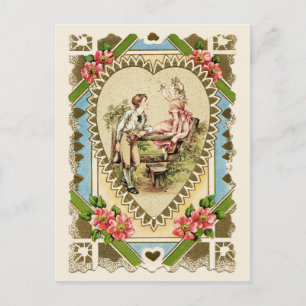 Sweet Couple in Heart Frame Vintage Reproduction Postcard