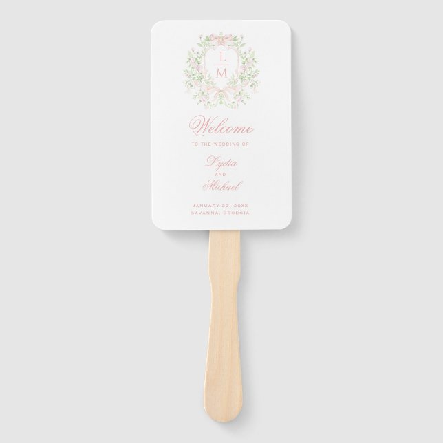 Sweet Crest Monogram Wedding Program Hand Fan (Front)