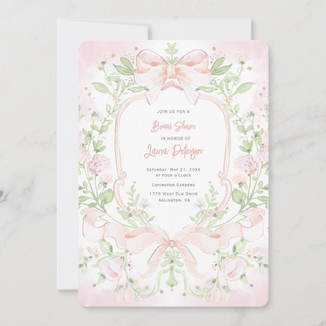 Sweet Crest w/ Blush Pink Bows Bridal Shower Invitation (Front)