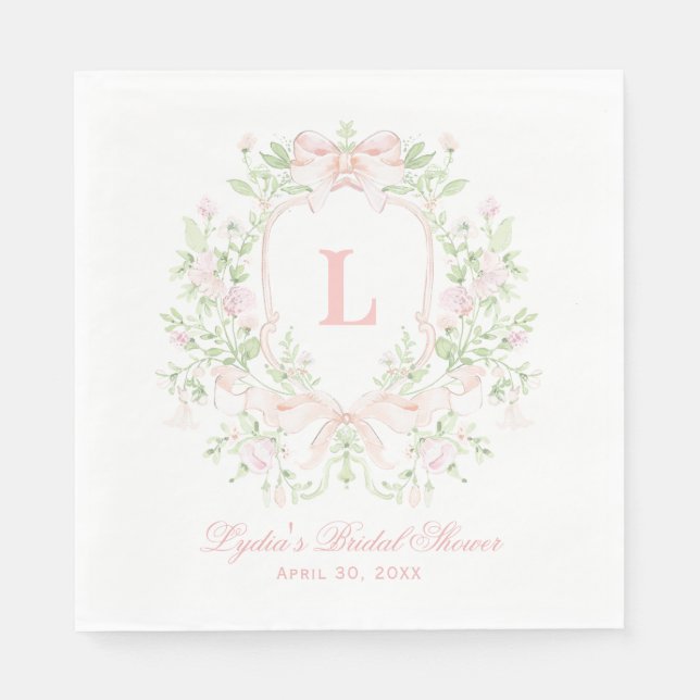 Sweet Crest w/ Pink Bows | Monogram Bridal Shower Napkin (Front)