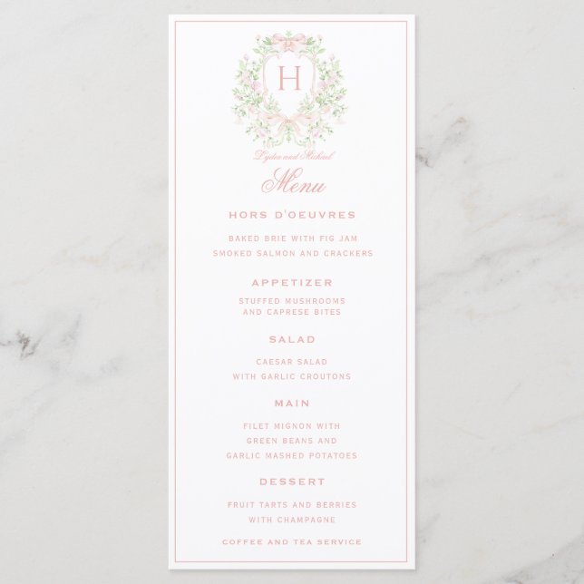 Sweet Crest w/ Pink Bows | Monogram Wedding  Menu (Front)
