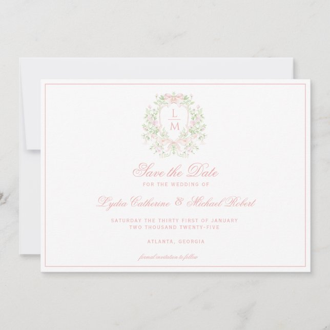 Sweet Crest w/ Pink Bows Save The Date (Front)