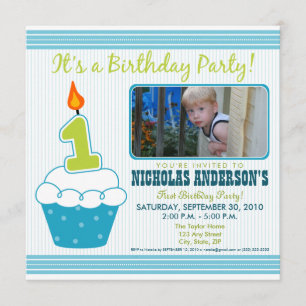 Sweet Cupcake 1st Birthday Party Invitation Aqua