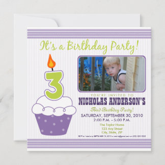 Sweet Cupcake 3rd Birthday Party Invitation Purple
