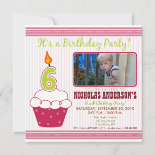 Sweet Cupcake 6th Birthday Party Invitation Pink