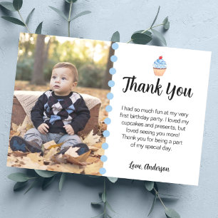 Sweet Cupcake Blue Boy First Birthday Party Photo Thank You Card