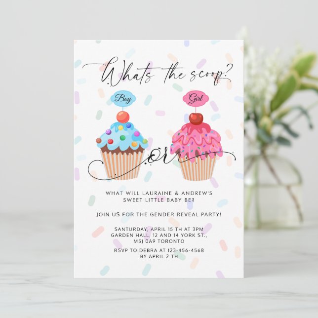 Sweet Cupcake Gender Reveal Party Invitation (Standing Front)