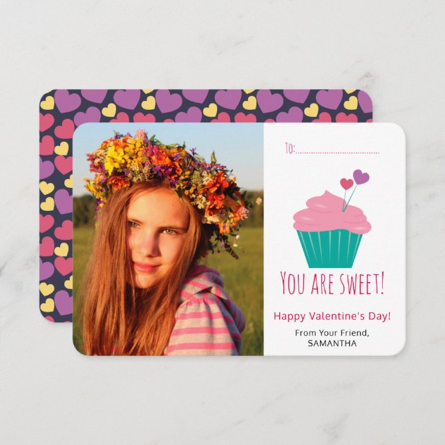Sweet Cupcake Photo Classroom Valentine's Day Card (Front/Back)