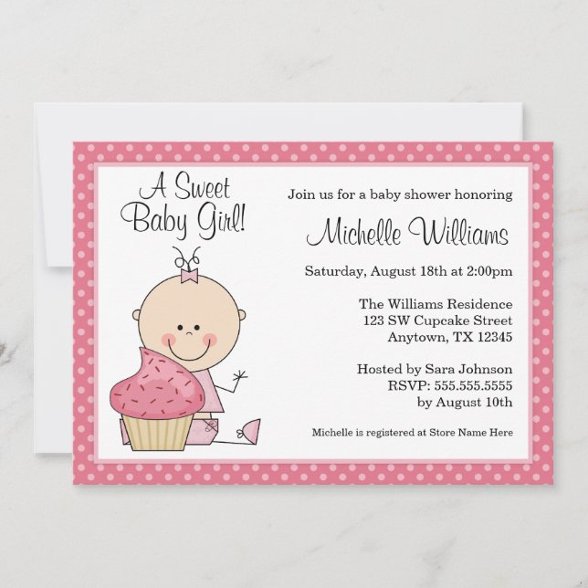 Sweet Cupcake Pink Polka Dot Girl Baby Shower Invitation (Front)