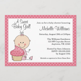 Sweet Cupcake Pink Polka Dot Girl Baby Shower Invitation