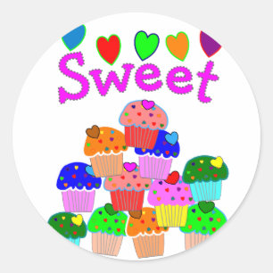 "Sweet" Cupcake Stack with Bright Hearts Classic Round Sticker