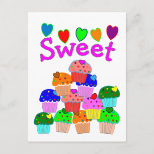 "Sweet" Cupcake Stack with Bright Hearts Postcard