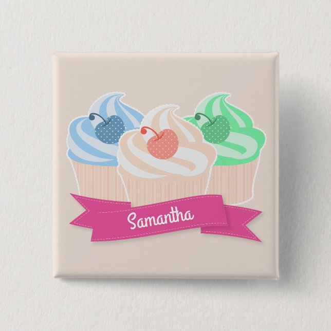 Sweet Cupcake Trio Personalised Pink 15 Cm Square Badge (Front)
