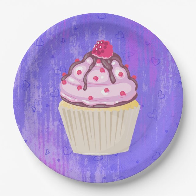 Sweet Cupcake with Raspberry on Top Paper Plate (Front)