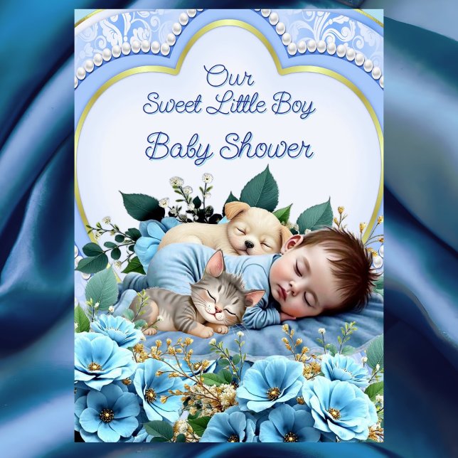 Sweet Cute Blue Boy Baby Shower Puppy Kitten Invitation (Creator Uploaded)