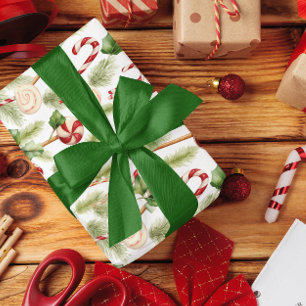 Sweet & Cute Candy Canes & Christmas Greenery Wrapping Paper