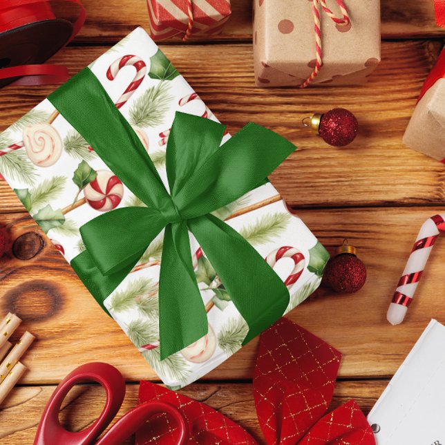 Sweet & Cute Candy Canes & Christmas Greenery Wrapping Paper (Creator Uploaded)