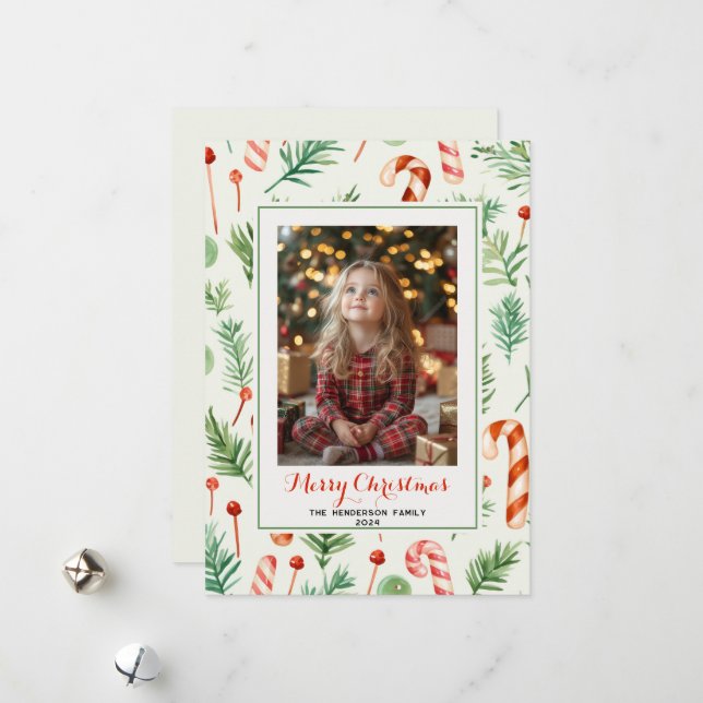 Sweet & Cute Candy Canes Christmas Photo Holiday Card (Front/Back In Situ)