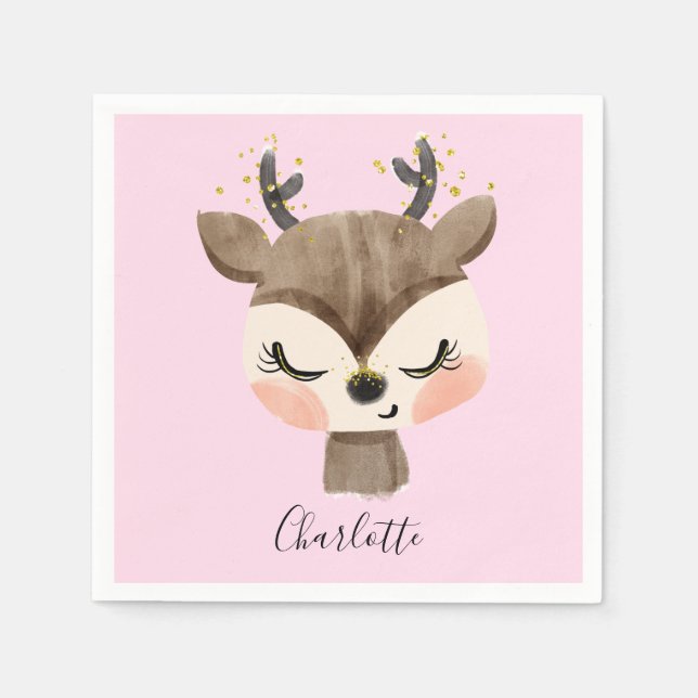 Sweet Cute & Girly Pastel Blush Pink Baby Reindeer Napkin (Front)