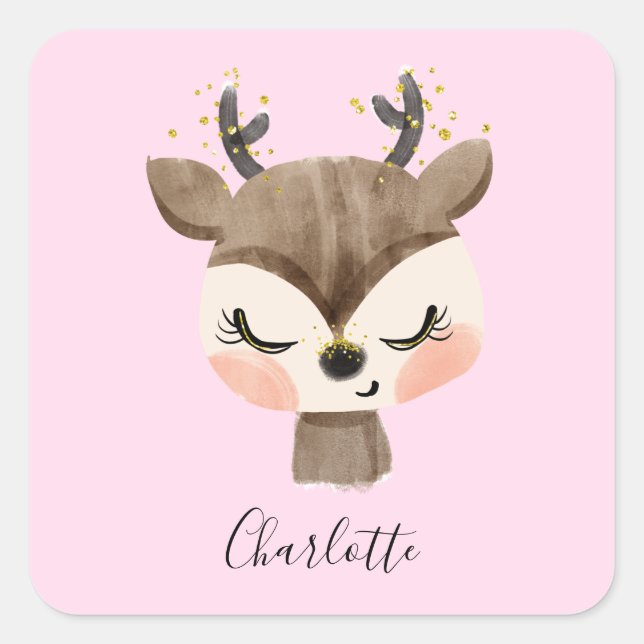 Sweet Cute & Girly Pastel Blush Pink Baby Reindeer Square Sticker (Front)