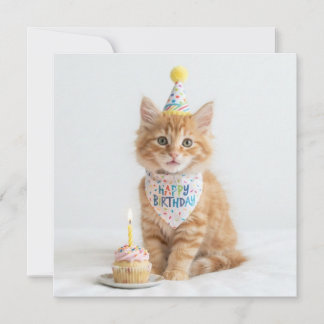Sweet cute kitten with a cupcake. Happy Birthday. Holiday Card