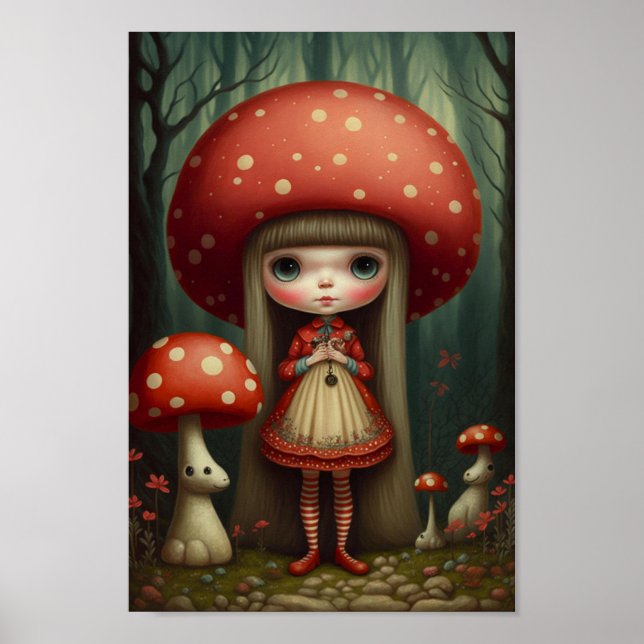 Sweet Cute Little Mushroom Hat Girl Art Poster (Front)