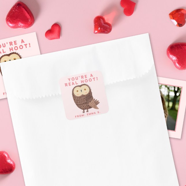 Sweet Cute Owl Pink Valentine's Classroom  Square Sticker (sticker shown with coordinating  classroom photo cards)
