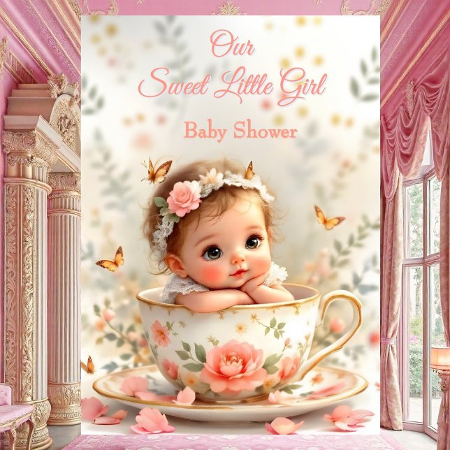Sweet Cute Peach Pink Girl Baby Shower Teacup Invitation (Creator Uploaded)