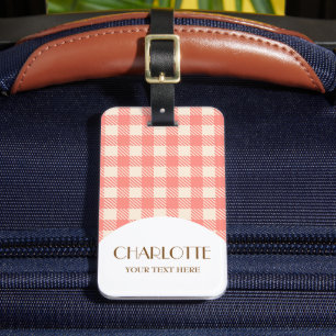 Sweet cute peach pink preppy gingham checked plaid luggage tag