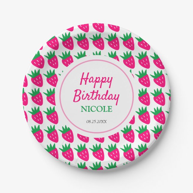 Sweet Cute Strawberry Pink Birthday  Paper Plate (Front)