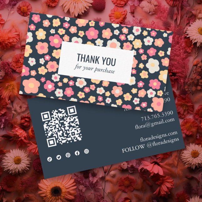 Sweet Daisies Floral QR Code Social Icon Thank You Business Card (Thank you for your order enclosure business card with daisy pattern, social icons and QR code. )