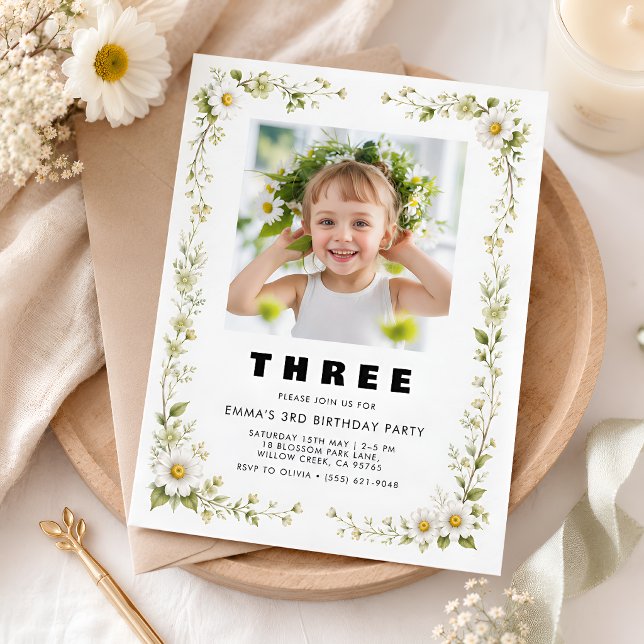 Sweet Daisy 3rd Birthday Invitation with Photo (Creator Uploaded)