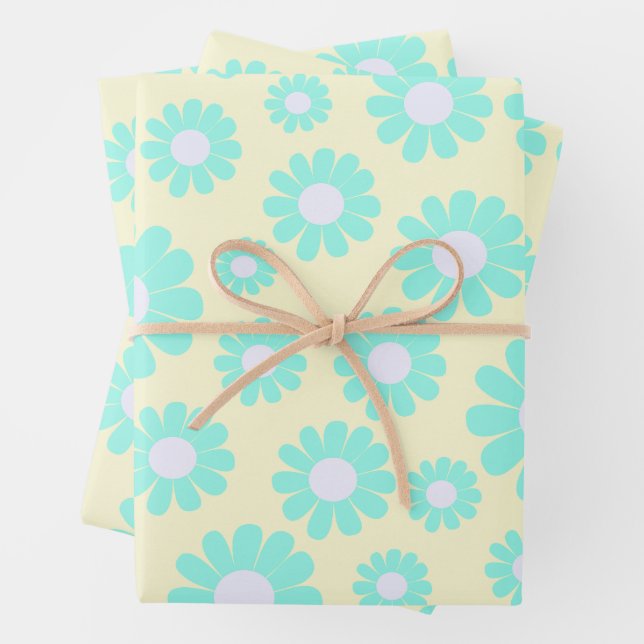 Sweet Daisy Baby Pastel Green Blue Pink Wrapping Paper Sheet (In situ)