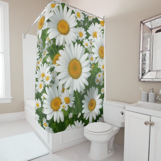 Sweet daisy pattern white floral greenery shower curtain (In Situ)