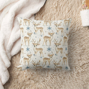 Sweet Deer Blue Christmas Snowflakes Cushion