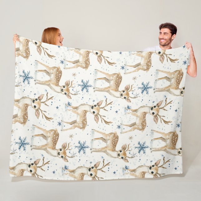 Sweet Deer Blue Christmas Snowflakes Fleece Blanket (In Situ)