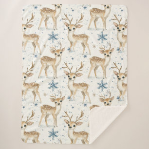 Sweet Deer Blue Christmas Snowflakes Sherpa Blanket