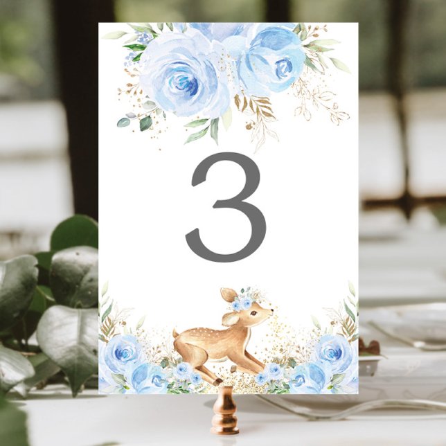 Sweet Deer Light Baby Blue Floral Boy Baby Shower  Table Number (Creator Uploaded)
