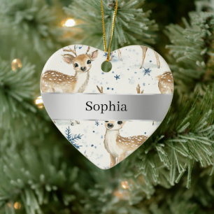 Sweet Deer Snowflakes Silver Ribbon Christmas Ceramic Tree Decoration