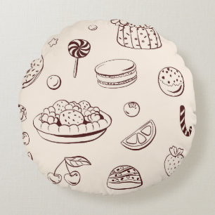 Sweet Desserts & Berry Pie Line Art Pattern Round Cushion