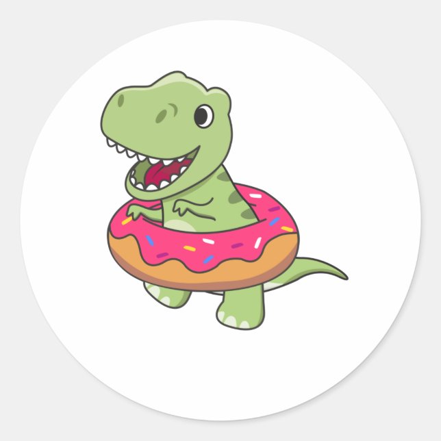 Sweet Dino T-Rex Funny Animals In Doughnut Pink Classic Round Sticker (Front)