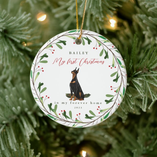 Sweet Dog's First Christmas with Name and Year Ceramic Tree Decoration (Tree)