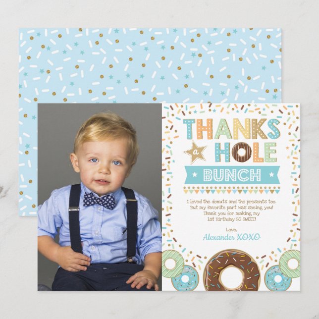 Sweet Donut Boy Birthday Photo Thank You Card (Front/Back)