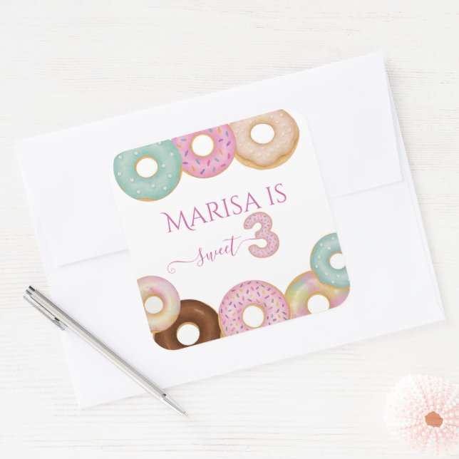 Sweet Doughnut Birthday | Colourful Kids Party -  Square Sticker (Envelope)