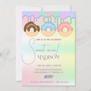 Sweet doughnuts, rainbow colours, sweet first birt invitation